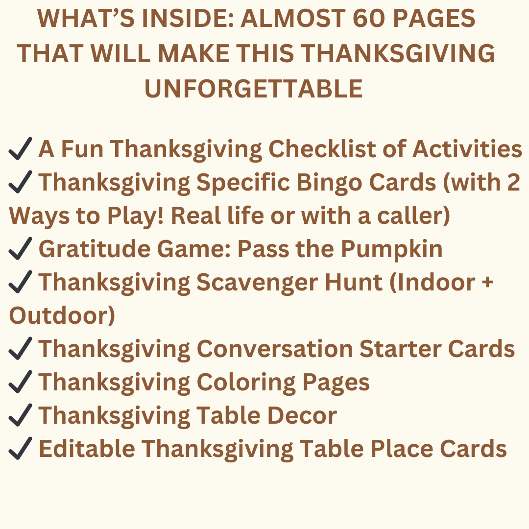 Thanksgiving Games & Activities Bundle | Printable Thanksgiving Bingo, Gratitude Game, Scavenger Hunt, Table Decor, and More