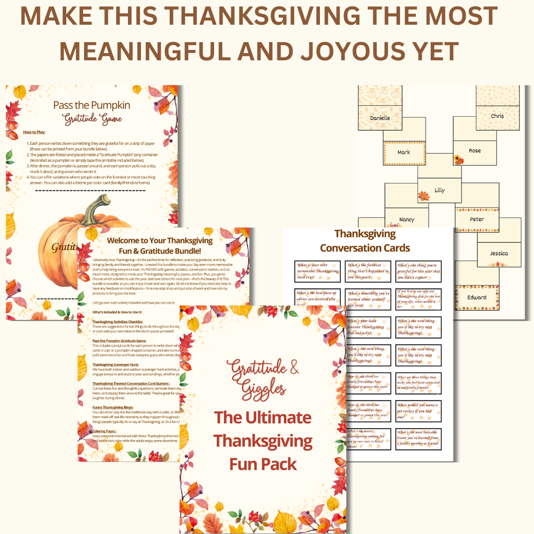 Thanksgiving Games & Activities Bundle | Printable Thanksgiving Bingo, Gratitude Game, Scavenger Hunt, Table Decor, and More